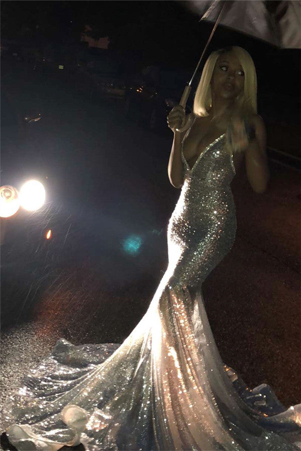Alluring Spaghetti straps Glittering Sequins Sleeveless Mermaid Open Back Evening Dresses-Ballbella