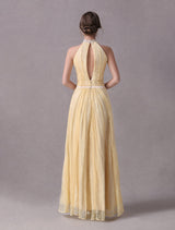 A-line Daffodil Lace Evening Dress with Keyhole Neck Floor-Length 
