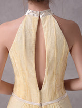 A-line Daffodil Lace Evening Dress with Keyhole Neck Floor-Length 