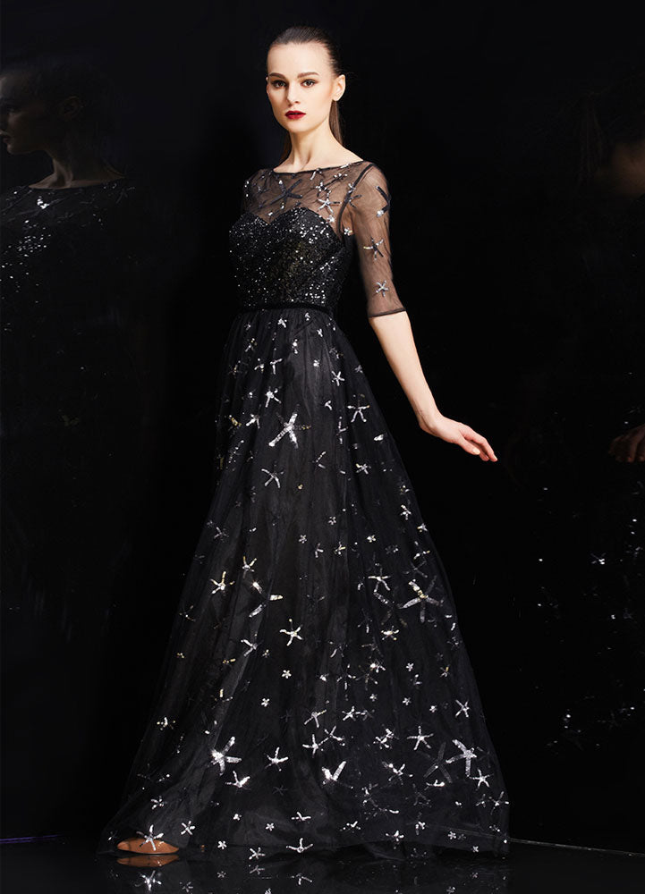 Amazing Bateau Neck Illusion Sweetheart Sequin Star Half Sleeves Tulle evening dress-Ballbella