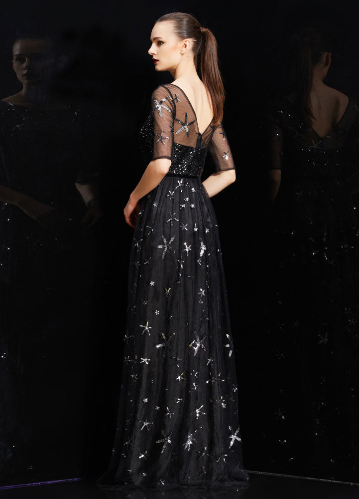 Bateau Neck Illusion Sweetheart Sequin Star Half Sleeves Tulle evening dress