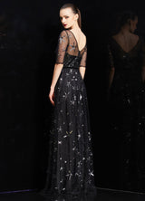 Bateau Neck Illusion Sweetheart Sequin Star Half Sleeves Tulle evening dress