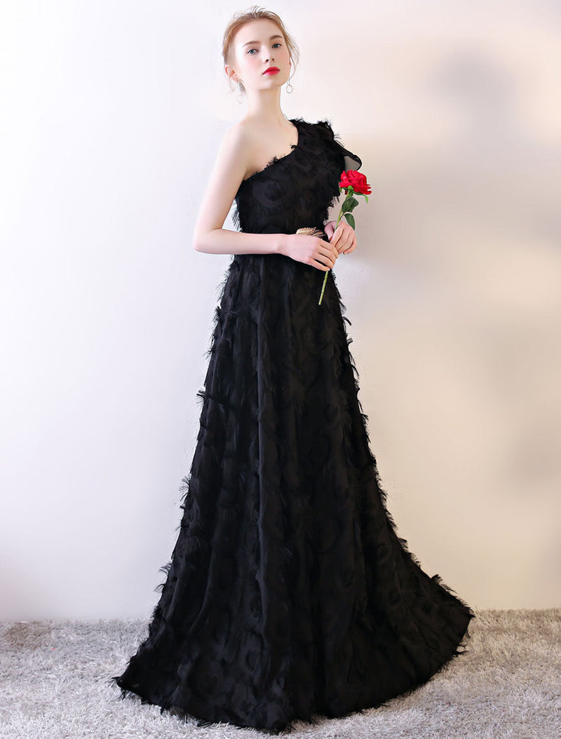 Amazing Black Evening Dress One Shoulder Evening Dress Long Lace Ruffles Floor Length Formal Dress With Sash Amazing Black Evening Dress One Shoulder Evening Dress Long Lace Ruffles Floor Length Formal Dress With Sash