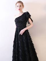 Black Evening Dress One Shoulder evening dress Long Lace Ruffles Floor Length Formal Dress With Sash