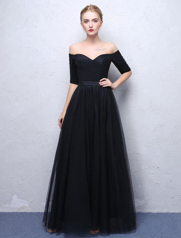 Black Evening Dresses  Long Off The Shoulder Evening Dress Half Sleeve Pleated Maxi Dresses