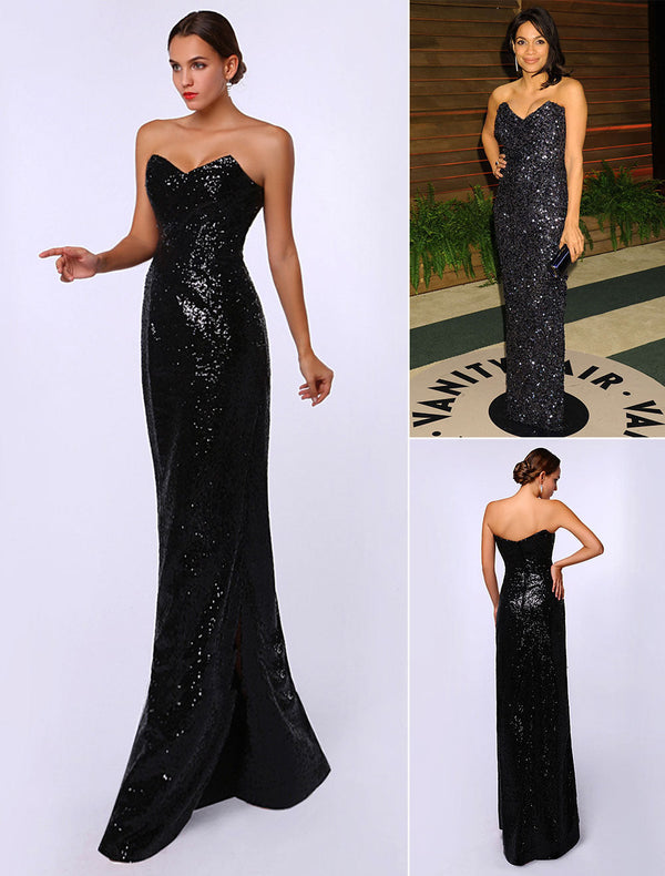 Celebrity Dresses Sheath Black Sequined Sweetheart Neck Evening Dress Inspired By Rosario Dawson At Oscar