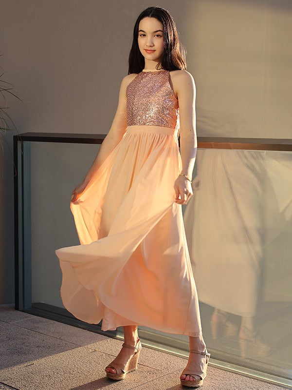 A-Line Charming Chiffon Sequin Scoop Sleeveless Ankle-Length Junior/Girls Bridesmaid Dresses