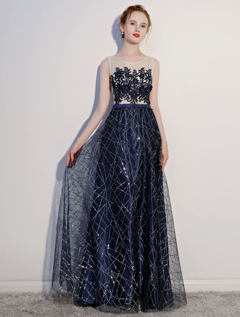 Amazing Dark Navy Evening Dresses Lace Sequin Illusion Sleeveless Floor Length Evening Dress Amazing Dark Navy Evening Dresses Lace Sequin Illusion Sleeveless Floor Length Evening Dress