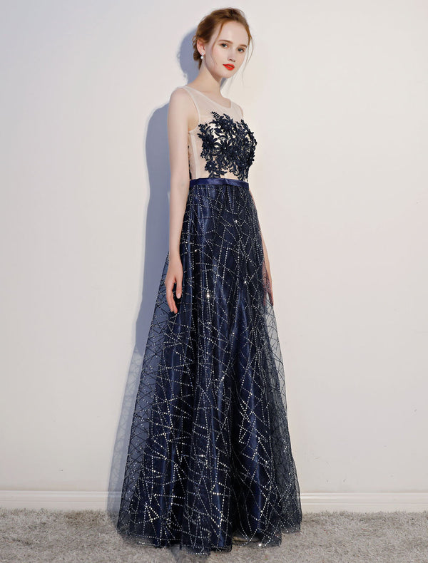 Dark Navy Evening Dresses Lace Sequin Illusion Sleeveless Floor Length Evening Dress