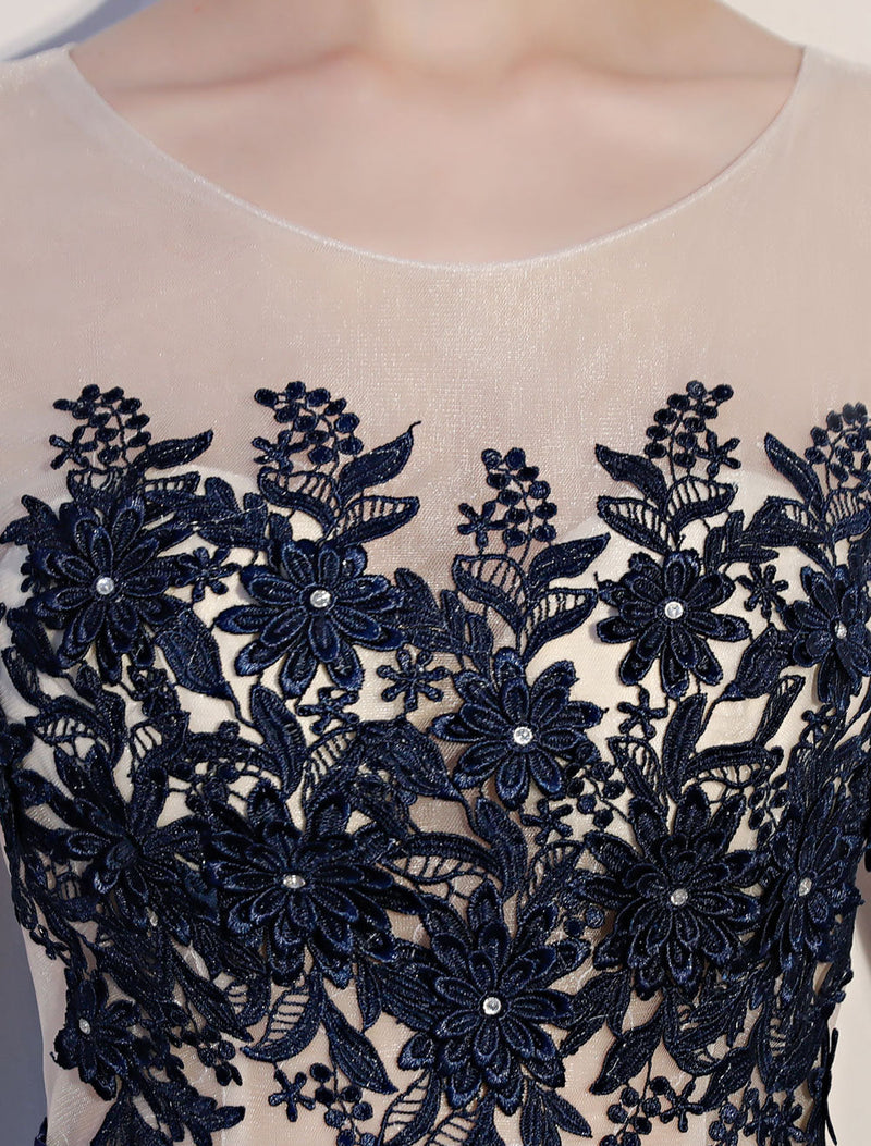 Dark Navy Evening Dresses Lace Sequin Illusion Sleeveless Floor Length Evening Dress