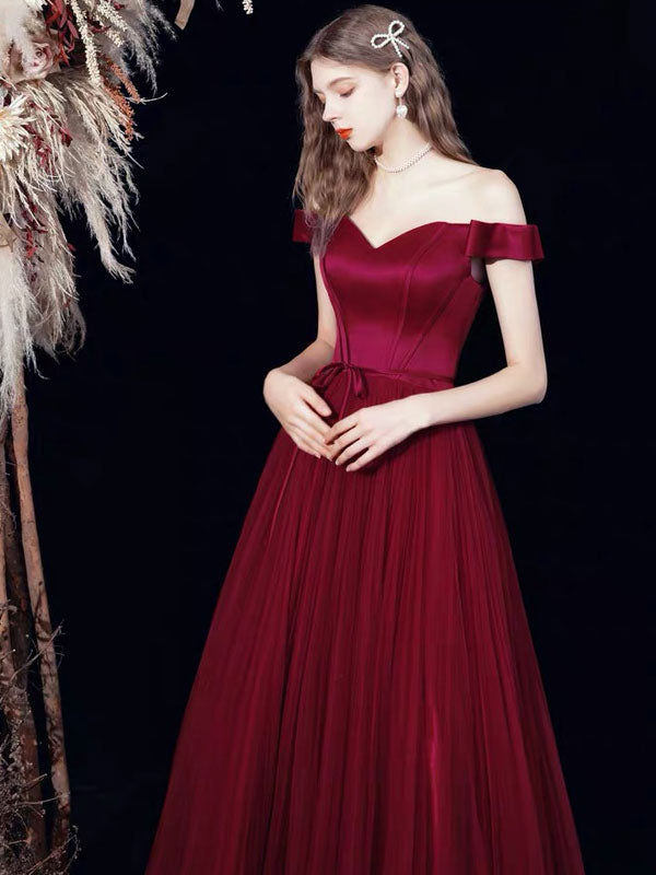 chinese dress ladies Amazing Evening Dress A-Line Bateau Neck Satin Fabric Floor-Length Formal Dinner Dresses Burgundy Pageant Dress
