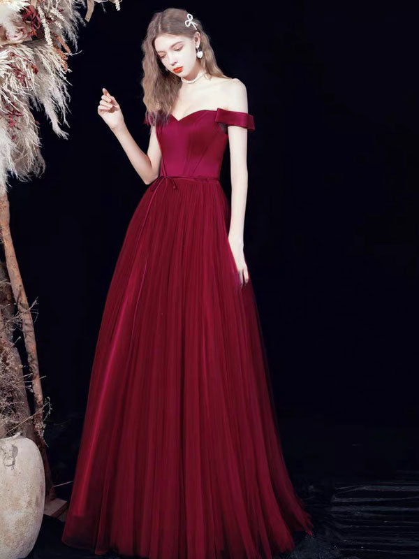 Evening Dress A-Line Bateau Neck Satin Fabric Floor-Length Formal Dinner Dresses Burgundy Pageant Dress