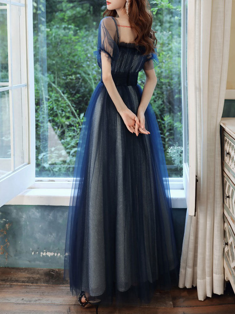 Evening Dress A-Line Square Neck Floor-Length Short Sleeves Zipper Pleated Tulle Formal Dinner Dresses Pageant Dress
