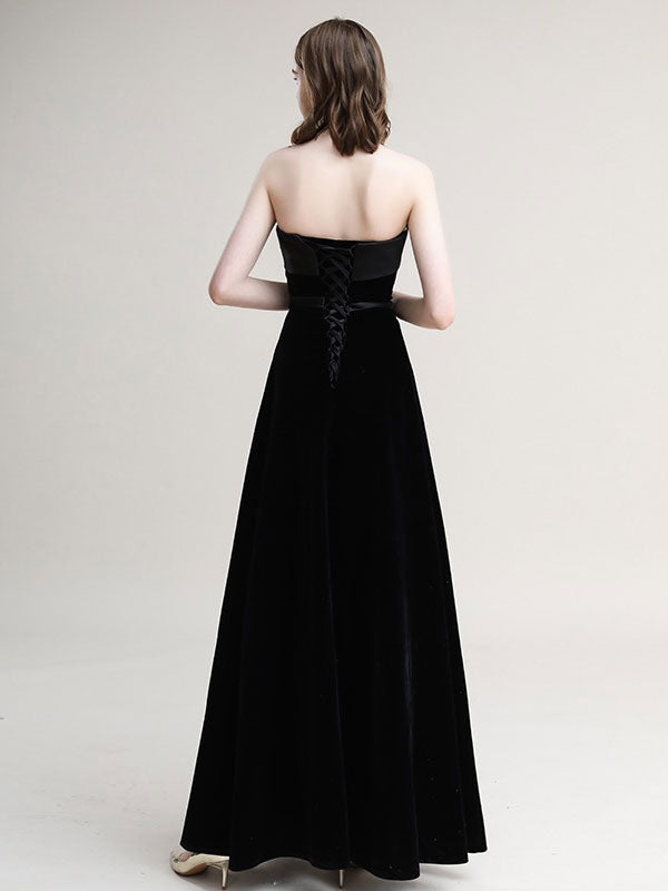 Evening Dress A-Line Strapless Velour Floor-Length Sash evening dress