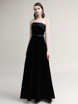 Evening Dress A-Line Strapless Velour Floor-Length Sash evening dress