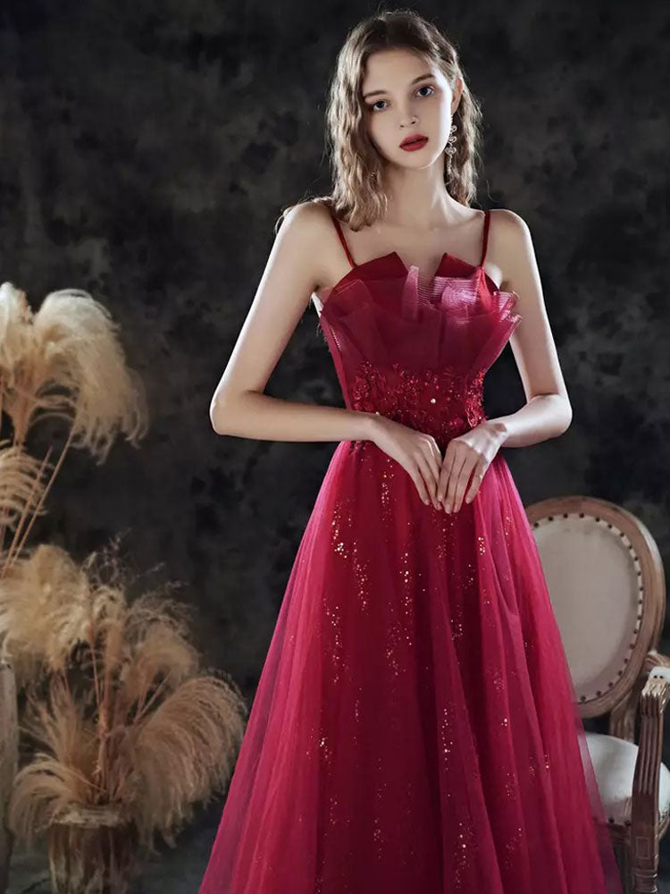 Evening Dress A-Line Sweetheart Neck Lace Floor-Length Sleeveless Party Dresses Burgundy Pageant Dress