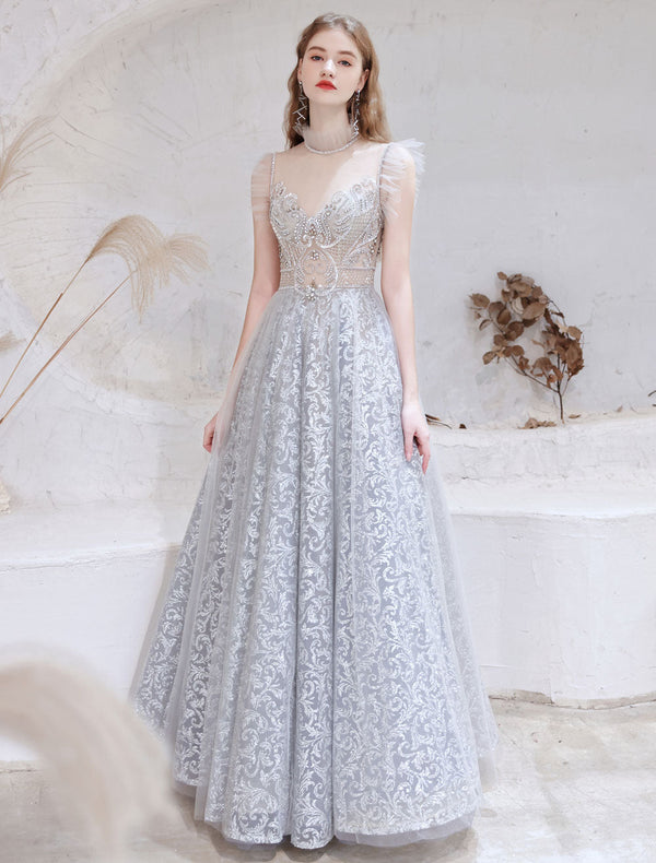 Evening Dress Light Grey A Line Jewel Neck Floor Length Formal Party Dresses Pageant Dress