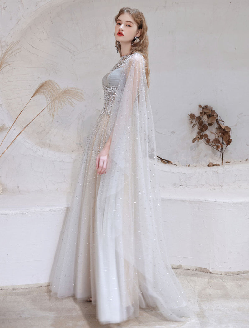 Amazing Evening Dress Light Grey A Line Jewel Neck Floor Length Sleeve Ballbella Amazing Evening Dress Light Grey A Line Jewel Neck Floor Length Sleeve Ballbella
