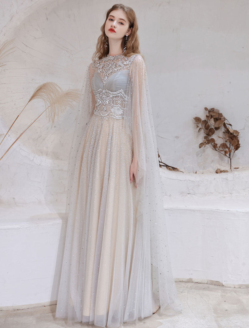 Amazing Evening Dress Light Grey A Line Jewel Neck Floor Length Sleeve Ballbella Amazing Evening Dress Light Grey A Line Jewel Neck Floor Length Sleeve Ballbella