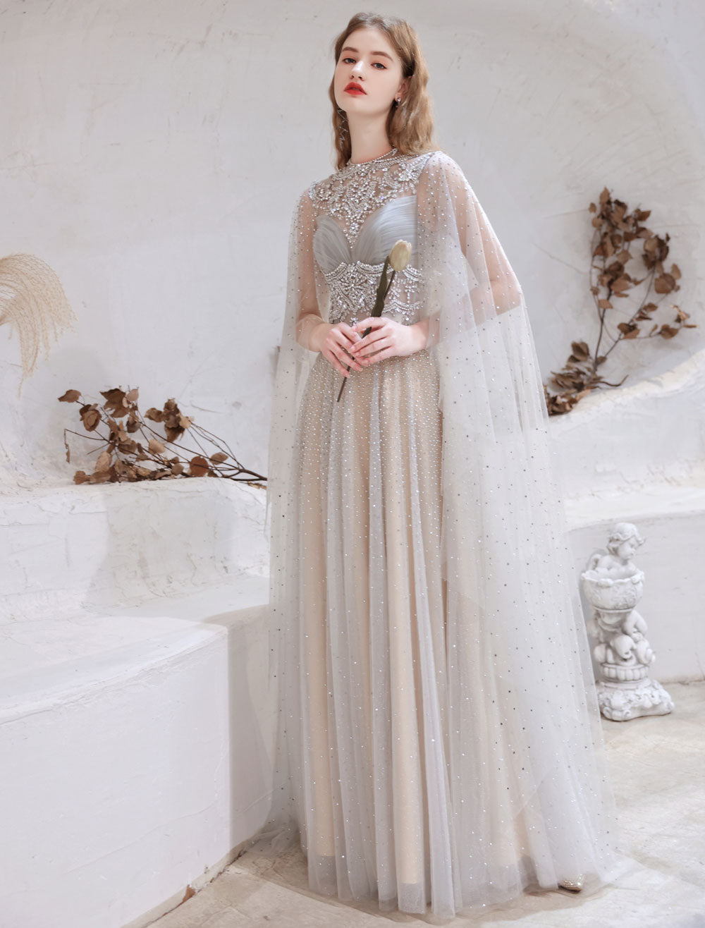 Amazing Evening Dress Light Grey A Line Jewel Neck Floor Length Sleeve Ballbella Amazing Evening Dress Light Grey A Line Jewel Neck Floor Length Sleeve Ballbella