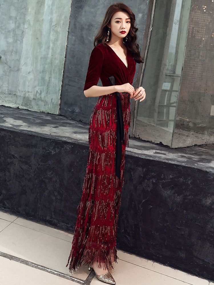 Amazing Evening Dress Sheath V Neck Velour Floor Length Sash Social Party Dresses-Ballbella