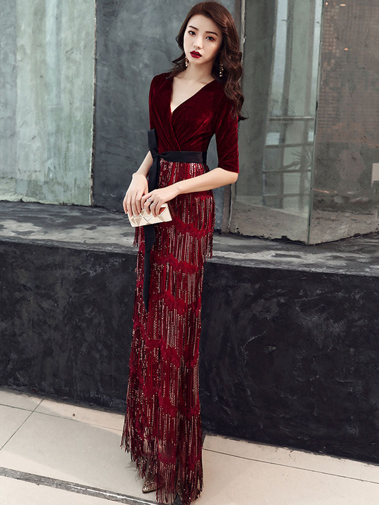 Amazing Evening Dress Sheath V Neck Velour Floor Length Sash Social Party Dresses-Ballbella