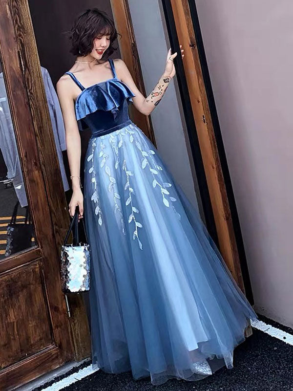 evening dress  Tulle A Line Straps Ankle Length Leaf Lace Formal Homecoming Party Dresses