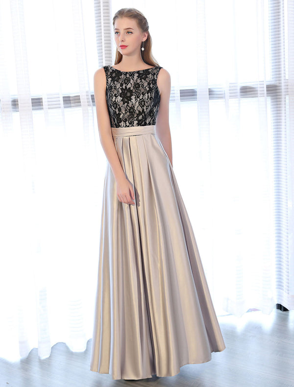 Evening Dresses Satin Lace evening dress Sleeveless Backless Pleated Pockets Floor Length Formal Dress