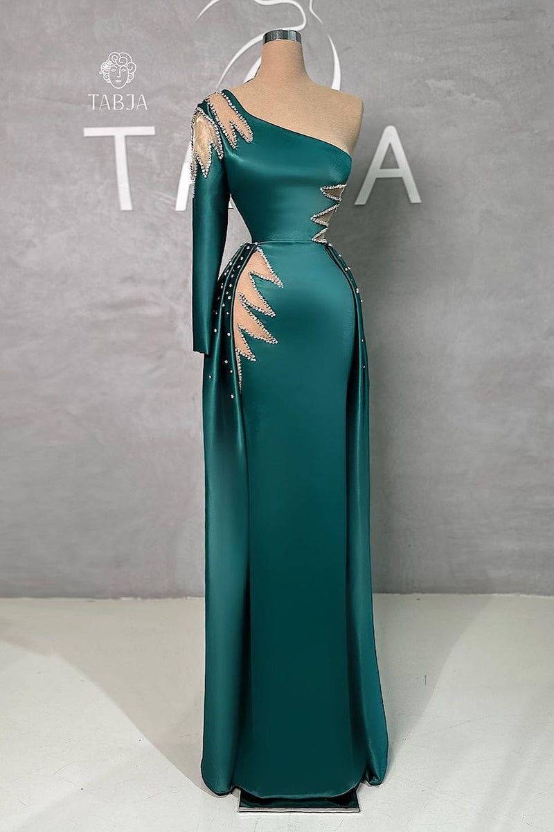 Amazing Floor Length One Shoulder Rhinestones Long Sleeve Prom Dress With Detachable Train Amazing Floor Length One Shoulder Rhinestones Long Sleeve Prom Dress With Detachable Train