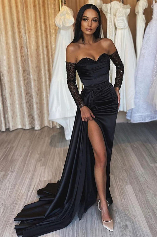 Amazing Long Black Mermaid Front Split Long Sequins Prom Dresses-Ballbella