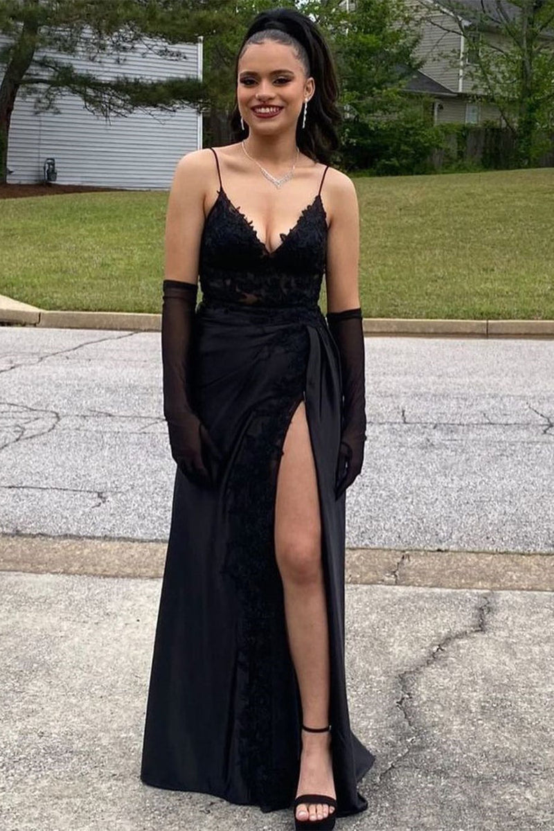 Amazing Long Black V-neck Spaghetti Straps Lace Sleeveless Prom Dresses Long Slit Online Amazing Long Black V-neck Spaghetti Straps Lace Sleeveless Prom Dresses Long Slit Online