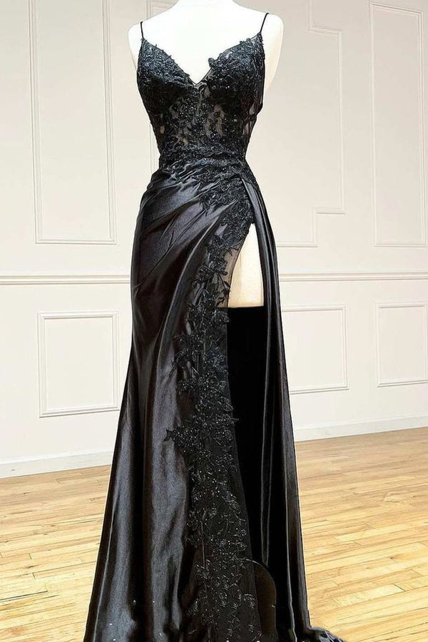 Amazing Long Black V-neck Spaghetti Straps Lace Sleeveless Prom Dresses Long Slit Online-Ballbella