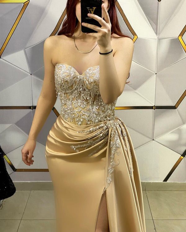 Amazing Long Champagne Sleeveless Beading Lace Evening Prom Dresses With Slit-Ballbella
