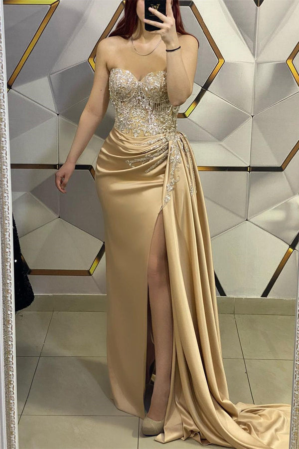 Amazing Long Champagne Sleeveless Beading Lace Evening Prom Dresses With Slit-Ballbella