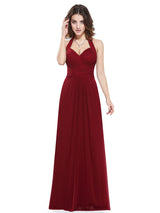 Amazing Long Evening Dress Burgundy Halter Party Dress Chiffon Sweetheart Draping A Line Maxi Evening Gown wedding guest dress-Ballbella