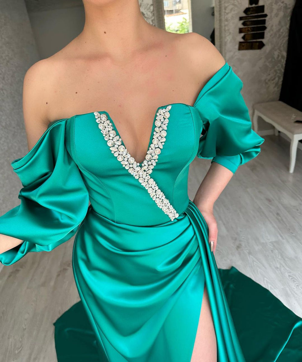 green emerald velvet dress Amazing Long Green Off-The-Shoulder Prom Dresses Long Slit Online