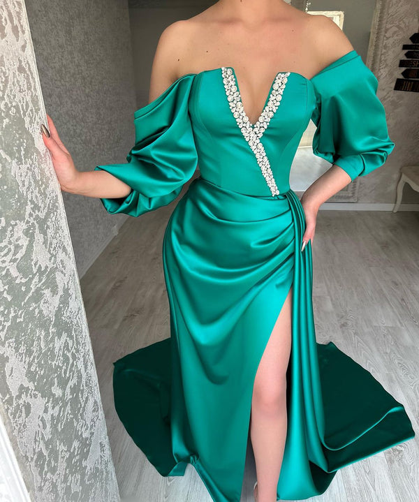 Amazing Long Green Off-the-Shoulder Prom Dresses Long Slit Online-Ballbella