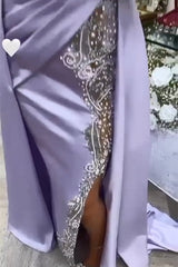 Amazing Long Purple High Neck Lace Beading Satin Evening Dress With Slit-Ballbella