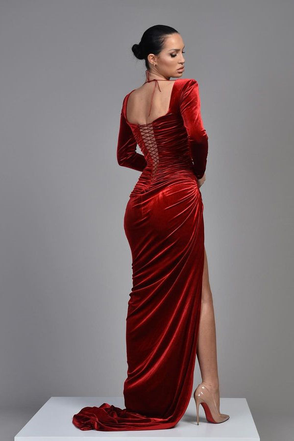 Amazing Long Sleeves Burgundy Prom Dress Velvet Split-Ballbella