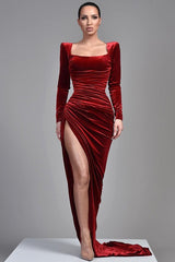 Amazing Long Sleeves Burgundy Prom Dress Velvet Split-Ballbella