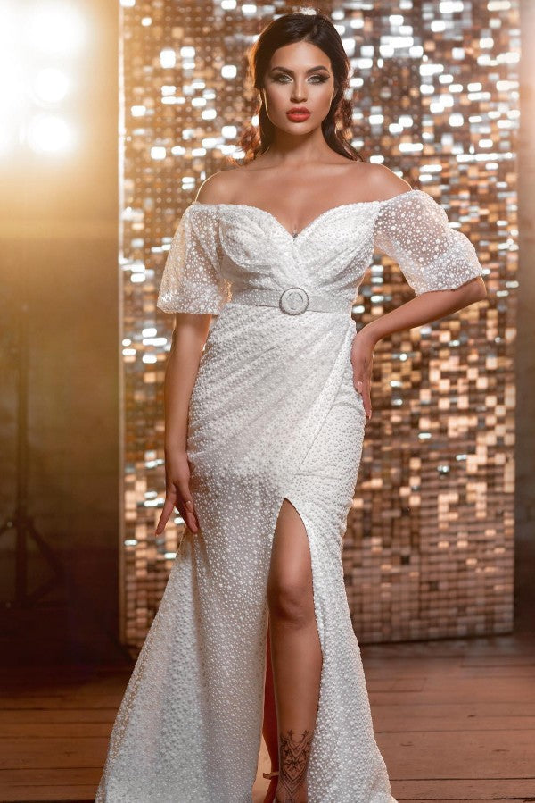 Amazing Long V-Neck Glitter Wedding Dresses Online With Long Sleevess-Ballbella