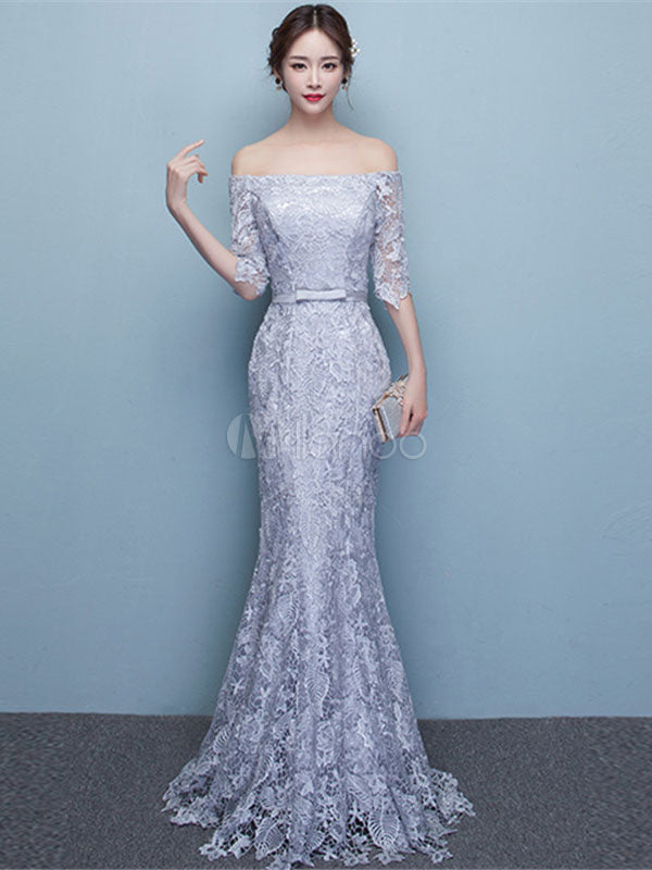 Amazing Mermaid Evening Dress Lace Off The Shoulder Party Dress Silver Half Sleeve Floor Length Occasion Dress With Bow Sash wedding guest dress-Ballbella