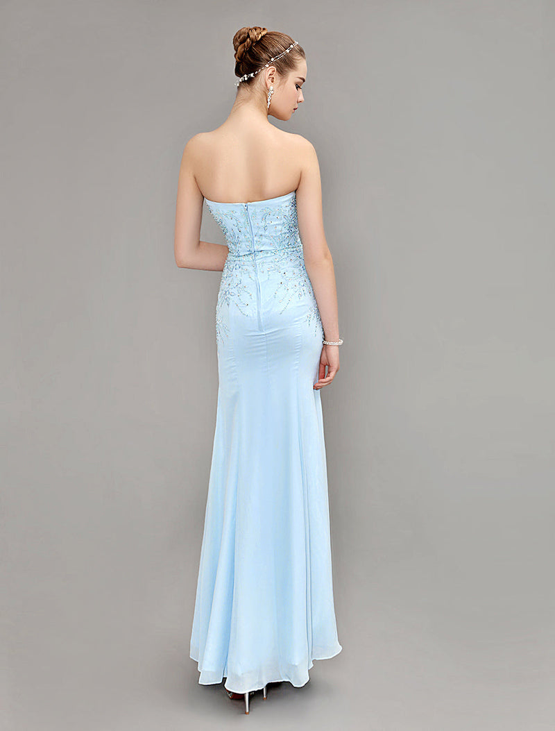 Mermaid Evening Dress Pastel Blue Strapless Party Dress Beaded Floor Length Chiffon evening dress