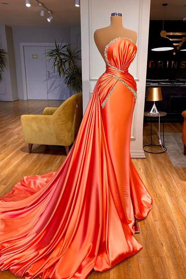 Amazing Orange Crystal Mermaid Prom Dress With Detachable Train-Ballbella