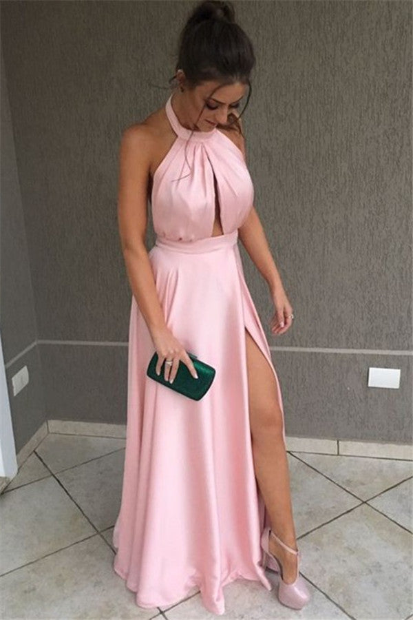 Shop for Amazing Pink Halter Side-Slit Prom Dresses Cheap On Sale. Try Ballbella with our Sleeveless Evening Dresses with Keyhole at the best price and Get ready for your prom.