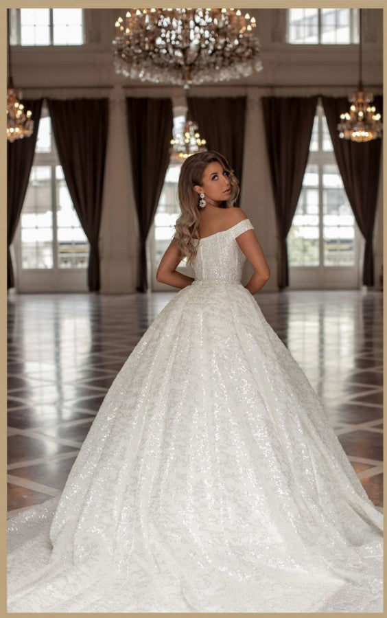 Amazing Princess Long White Off-the-Shoulder Glitter Long Wedding Dresses Online-Ballbella