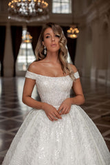 Amazing Princess Long White Off-the-Shoulder Glitter Long Wedding Dresses Online-Ballbella
