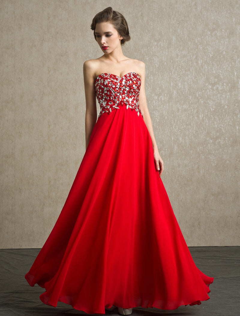 Red Evening Dresses  Long Strapless Backless Evening Dress Rhinestone Chiffon Party Dress