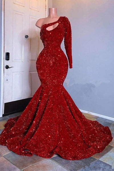 Amazing Red Long Sleeves Prom Dress One-Shoulder Mermaid With Sequins Amazing Red Long Sleeves Prom Dress One-Shoulder Mermaid With Sequins