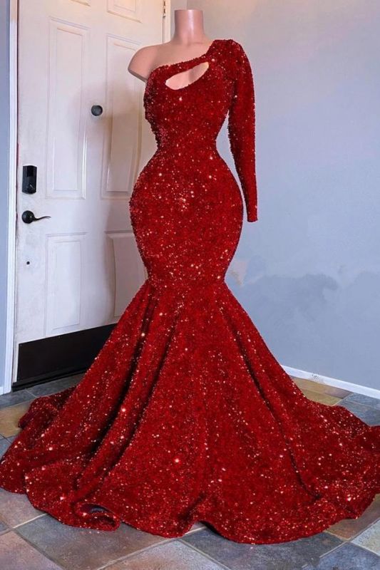 Amazing Red Long Sleeves Prom Dress One-Shoulder Mermaid With Sequins-Ballbella